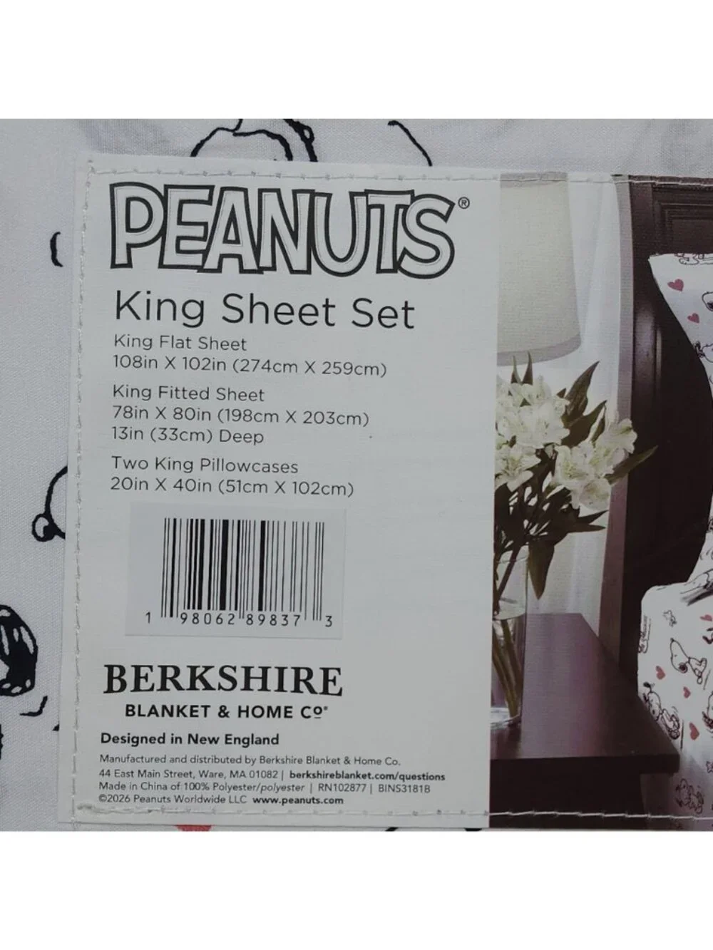Peanuts King Sheet Set By Berkshire Snoopy & Hearts Pattern Valentines Day